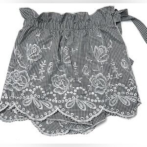 Aqua Black White Embroidered Gingham Eyelet Paperbag Skort Skirt